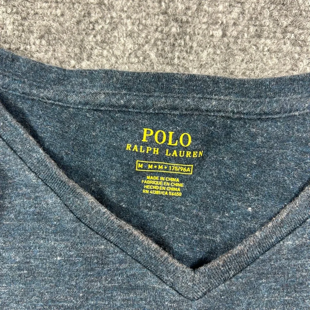 Polo Ralph Lauren V-Neck T-Shirt Mens‎ Medium Navy Blue Heathered Pony Logo Tee